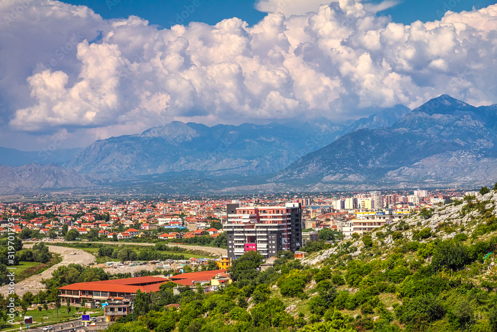 A view of Shkoder city under the mountains, Albania, Europe.