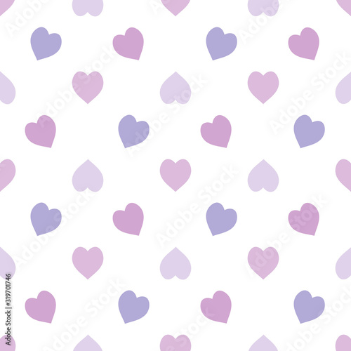 Seamless pattern in simple pastel violet and purple hearts on white background for fabric, textile, clothes, tablecloth and other things. Vector image.
