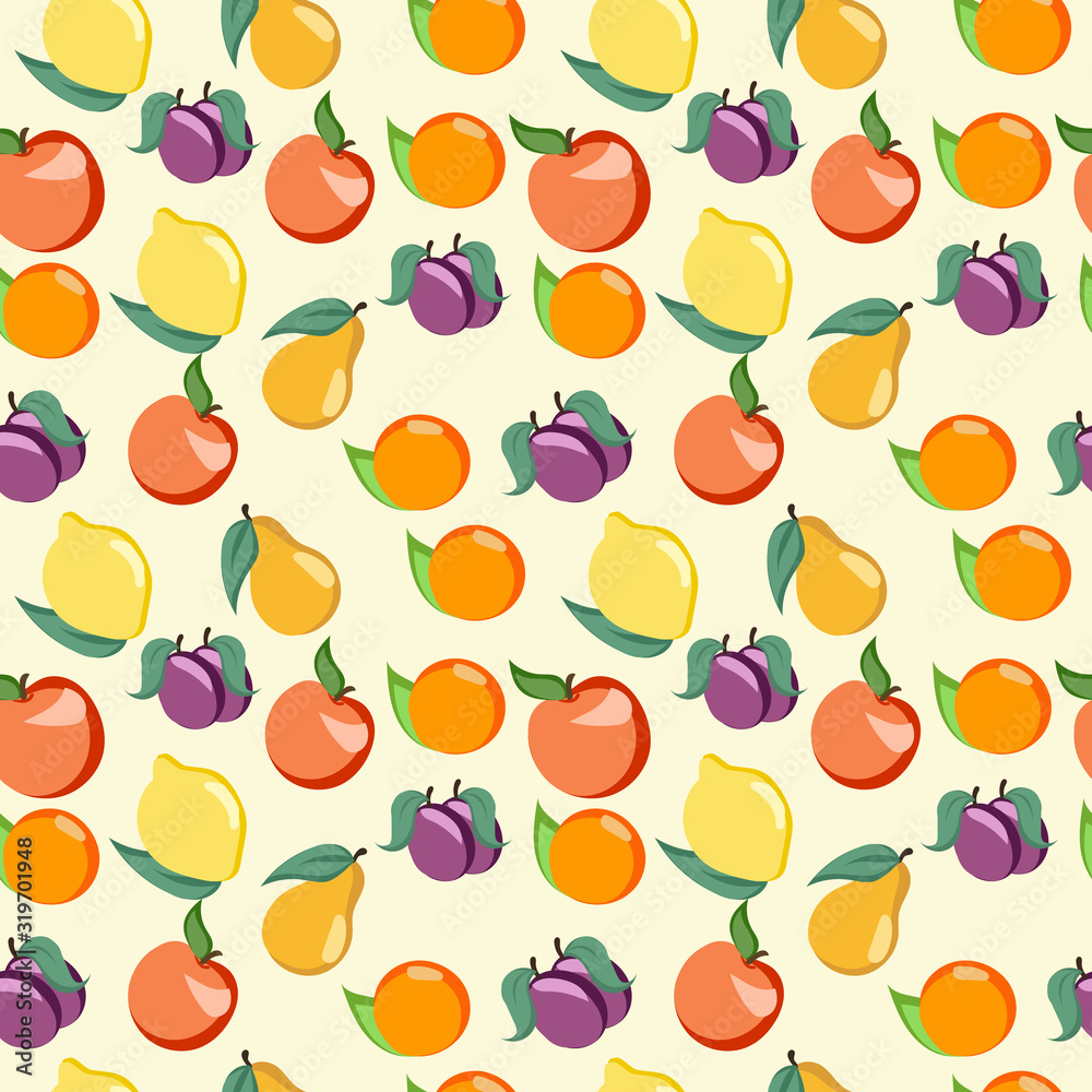 beautiful seamless pattern with fruits and vegetables such pear, oranges, apples, grapes