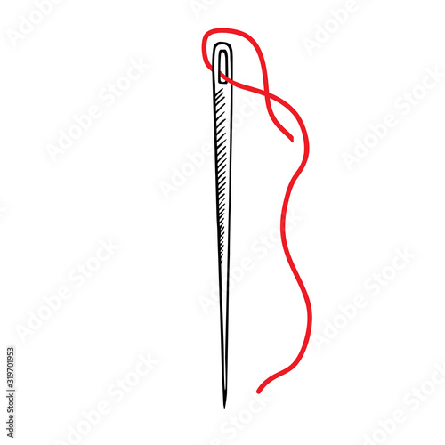 Needle with red thread, hand drawn doodle gravure vintage style, sketch, outline vector illustration