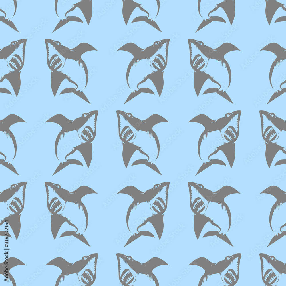 Shark Isolated on Blue Background. Fish Seamless Pattern. Shark Isolated on Blue Background. Fish Seamless Pattern.