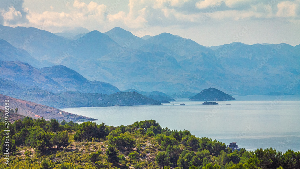 Lake Skadar, the largest lake in Southern Europe, located between  Albania and Montenegro. View from The Fortress Rozafa at Shkoder town, Albania, Europe.