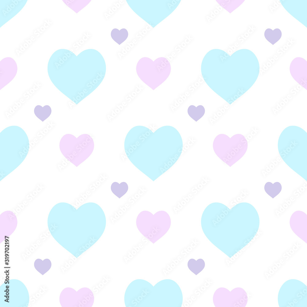 Seamless pattern in simple pastel blue and purple hearts on white background for fabric, textile, clothes, tablecloth and other things. Vector image.