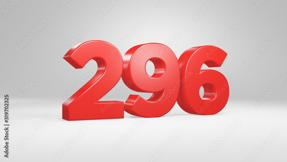 Number 296 in red on white background, isolated glossy number 3d render ...