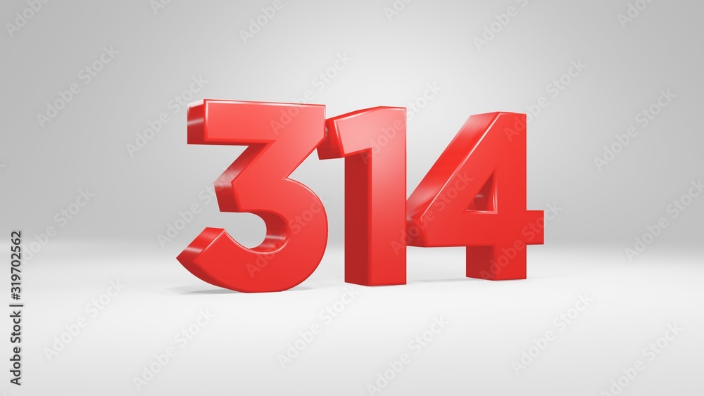 Number 314 in red on white background, isolated glossy number 3d render Number 314 in red on white background, isolated glossy number 3d render
