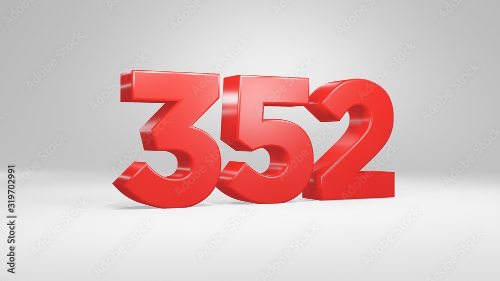 Number 352 in red on white background, isolated glossy number 3d render ...