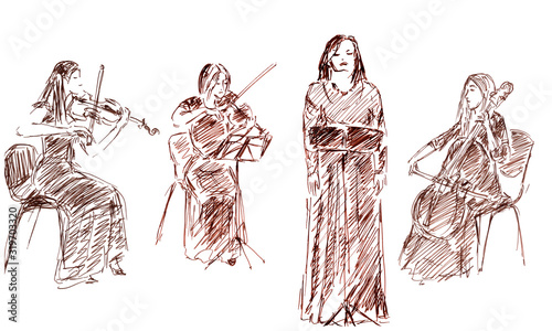 linear graphic drawing of a classical singer, violinist and cellist
