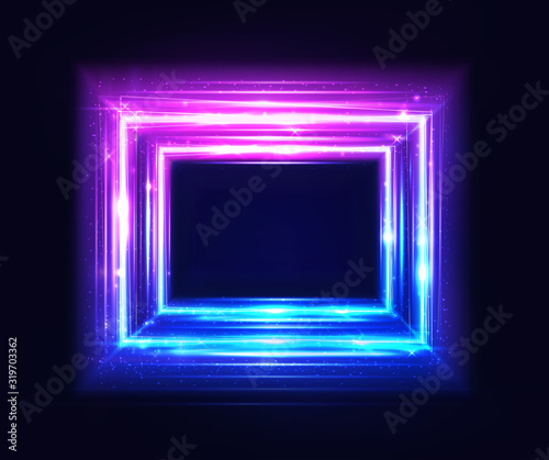 Square frame, glow light neon box, vector abstract background with light glowing effect. Laser square border isolated on black background. Ultraviolet rave art, design, and Illustration.