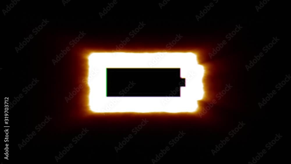 Shiny fire empty battery icon fly in center flickers with rgb spectrum colors and flies away with light trail. Super bright white symbol in motion isolated on black background. 4k 60 fps footage. Shiny fire empty battery icon fly in center flickers with rgb spectrum colors and flies away with light trail. Super bright white symbol in motion isolated on black background. 4k 60 fps footage.