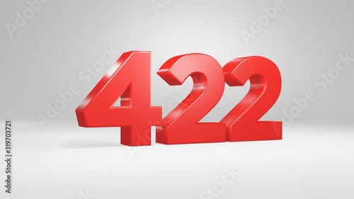 Number 422 in red on white background, isolated glossy number 3d render