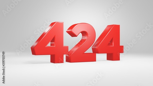 Number 424 in red on white background, isolated glossy number 3d render