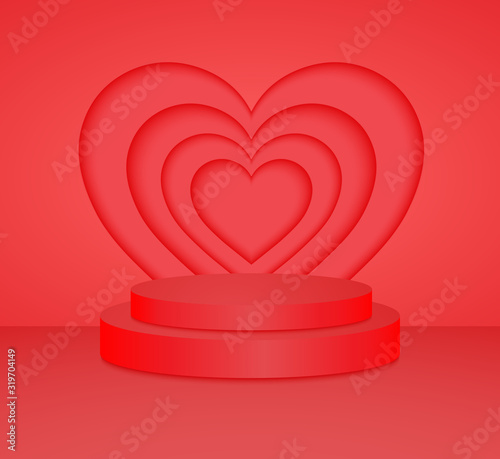 3d red cylinder podium minimal studio heart wall background. Abstract 3d geometric