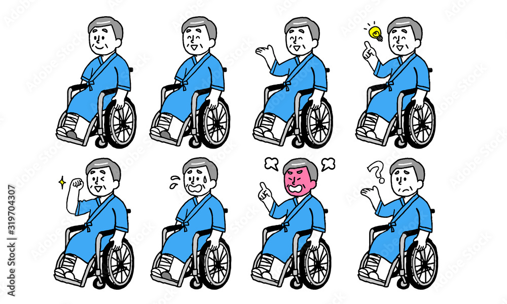 入院着を着て車椅子に乗ったシニア男性セット(シンプル) Stock Vector | Adobe Stock