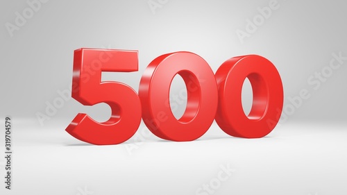 Number 500 in red on white background, isolated glossy number 3d render