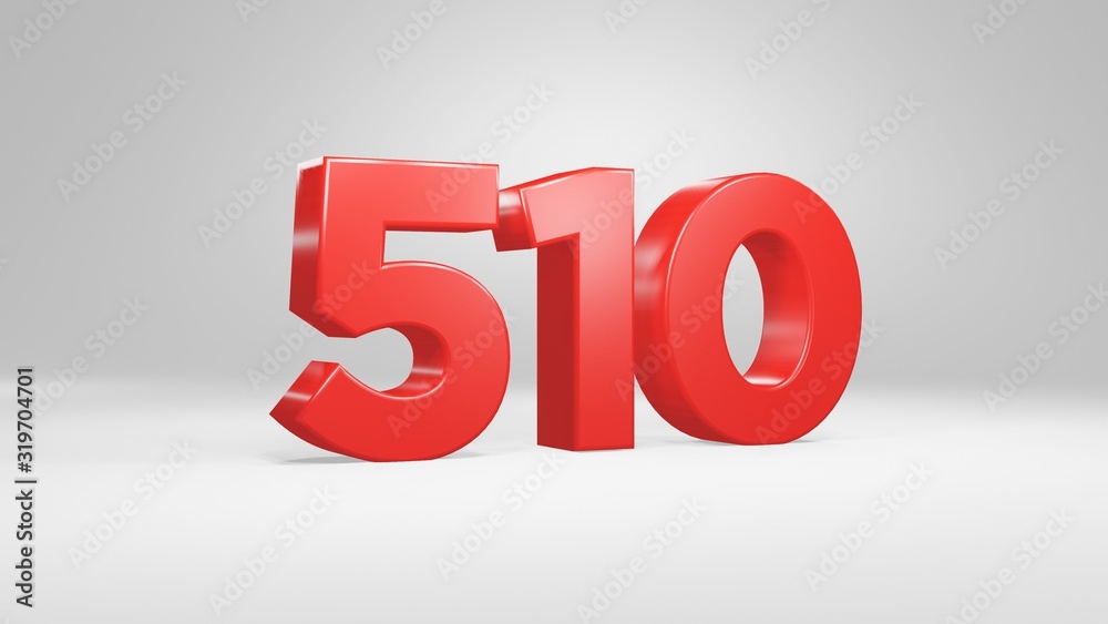 Number 510 in red on white background, isolated glossy number 3d render