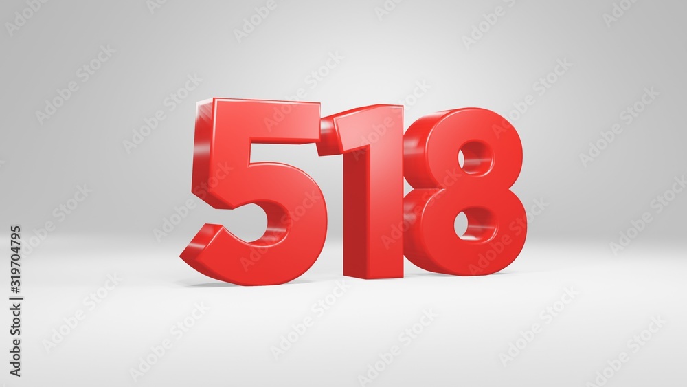 Number 518 in red on white background, isolated glossy number 3d render