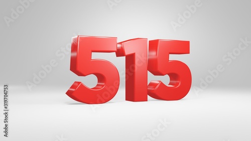 Number 515 in red on white background, isolated glossy number 3d render