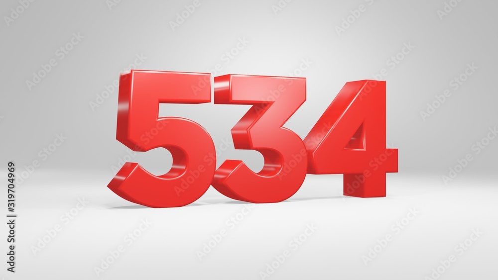 Number 534 in red on white background, isolated glossy number 3d render Number 534 in red on white background, isolated glossy number 3d render