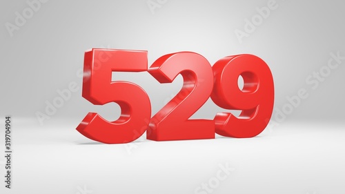 Number 529 in red on white background, isolated glossy number 3d render