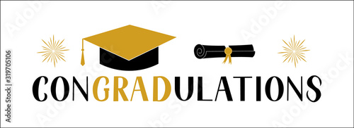 ConGRADutations lettering with graduation hat isolated on white. Congratulations to graduates typography poster.  Easy to edit vector template for greeting card, banner, sticker, label, t-shirt, etc.