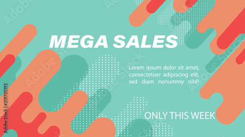 Mega sales banner with fluid dynamic bubble design, flat style waves and dots