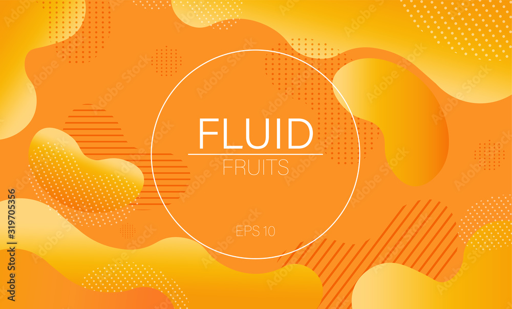 Fluid dynamic bubble design circle with colorful orange waves and dots on background