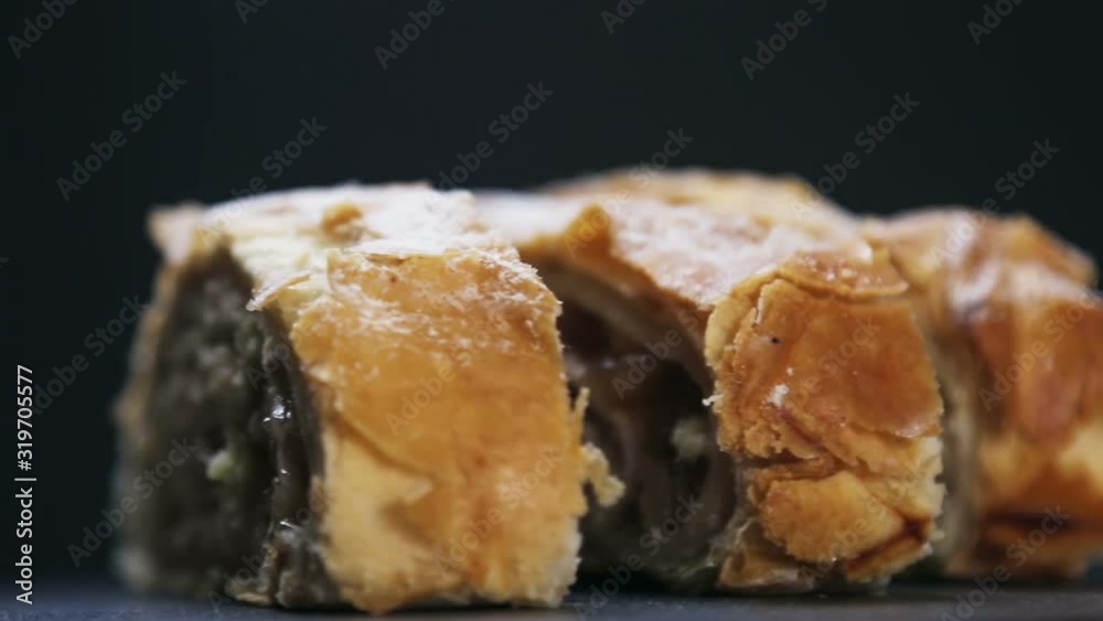 Austrian strudel with apples. Confectionery. Dolly video.