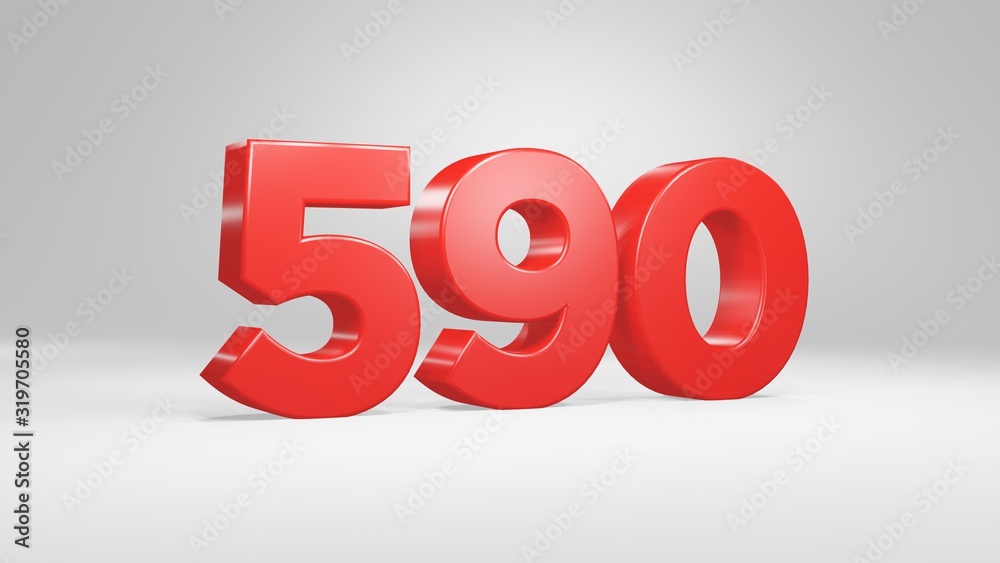 Number 590 in red on white background, isolated glossy number 3d render Number 590 in red on white background, isolated glossy number 3d render