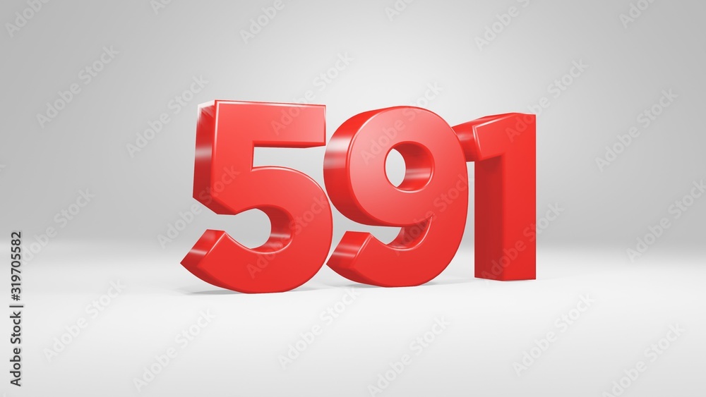 Number 591 in red on white background, isolated glossy number 3d render Number 591 in red on white background, isolated glossy number 3d render