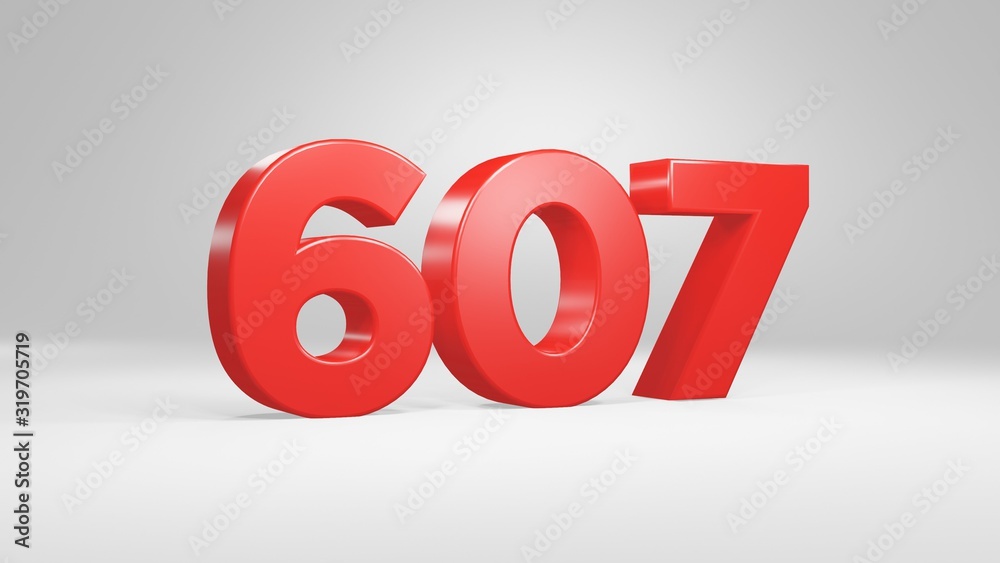 Number 607 in red on white background, isolated glossy number 3d render Number 607 in red on white background, isolated glossy number 3d render