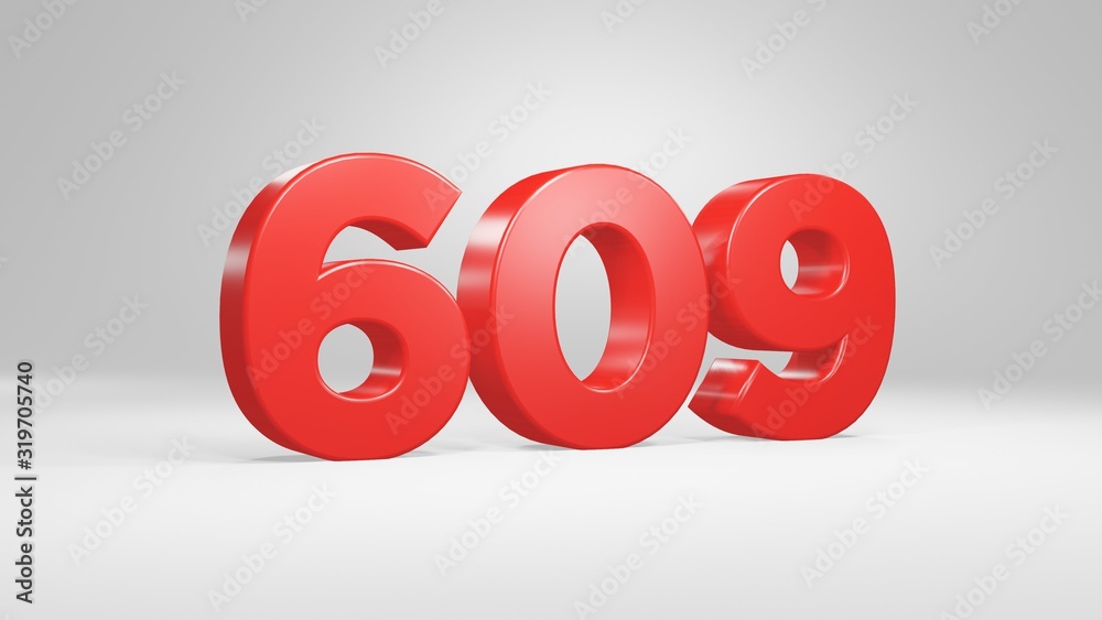 Number 609 in red on white background, isolated glossy number 3d render Number 609 in red on white background, isolated glossy number 3d render