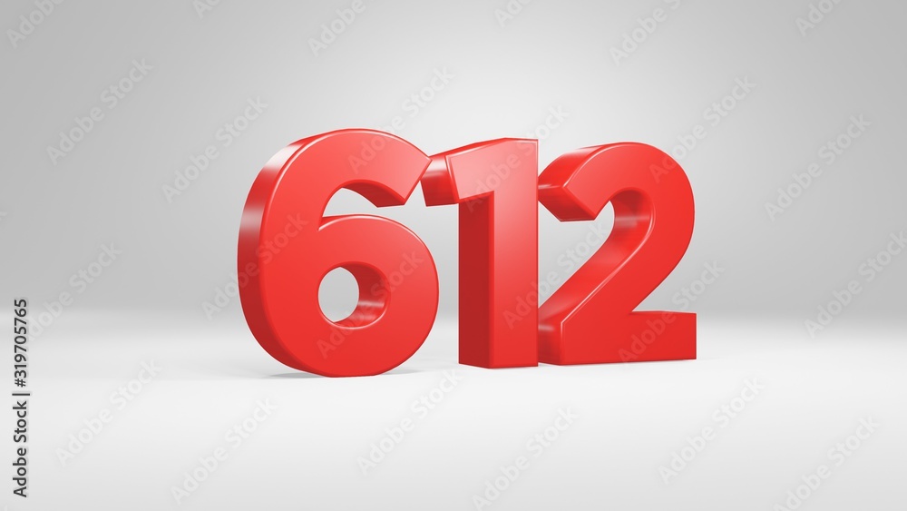Number 612 in red on white background, isolated glossy number 3d render Number 612 in red on white background, isolated glossy number 3d render