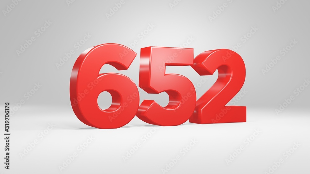 Number 652 in red on white background, isolated glossy number 3d render Number 652 in red on white background, isolated glossy number 3d render