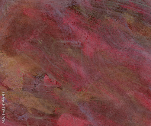 Colorful hand-drawn grunge background. Splashes, smudges and spots of paint, wavy stripes. Abstraction. The main colors are pink, red, brown