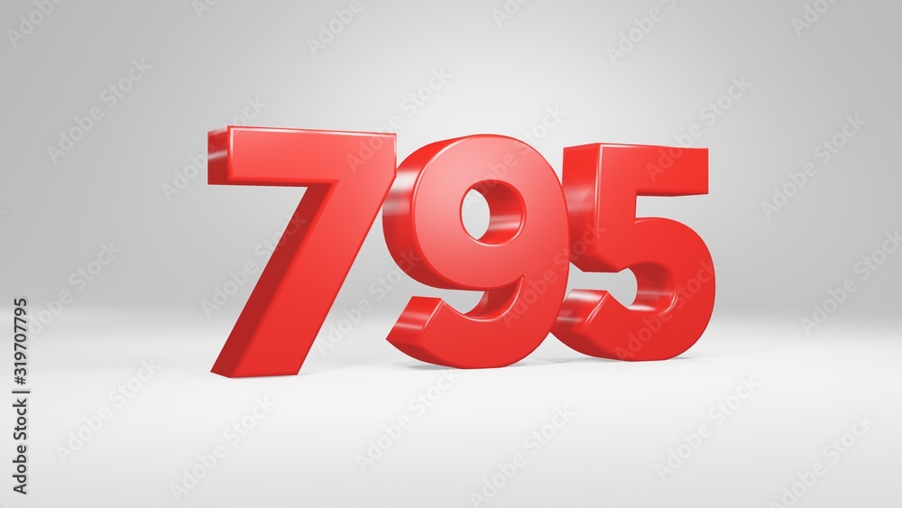 Number 795 in red on white background, isolated glossy number 3d render