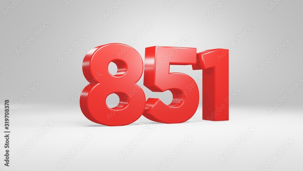 Number 851 in red on white background, isolated glossy number 3d render Number 851 in red on white background, isolated glossy number 3d render