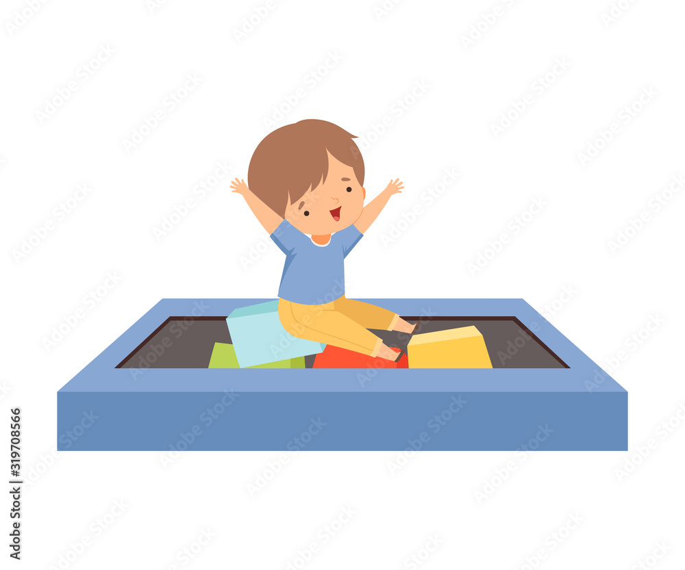 Cute Little Boy Playing in a Pool with Soft Colorful Cubes, Active Children Leisure Vector Illustration Cute Little Boy Playing in a Pool with Soft Colorful Cubes, Active Children Leisure Vector Illustration
