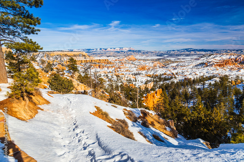 Mountains and forest of Bryce Canyon National Park during winter covered with snow
