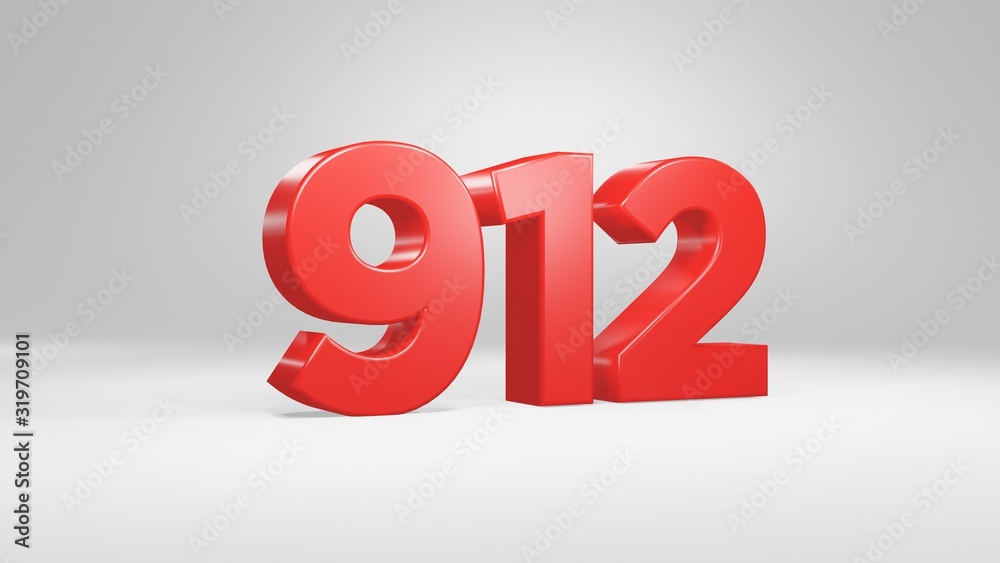 Number 912 in red on white background, isolated glossy number 3d