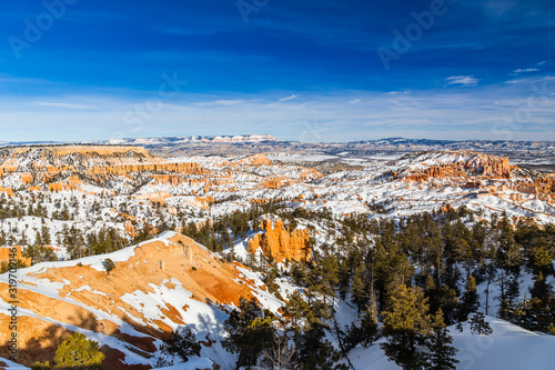 View of Bryce Canyon mountains during winter covered with snow