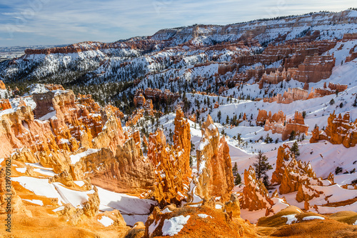 Hoodoos in Bryce Canyon National Park in Winter covered with snow