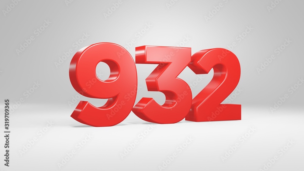 Number 932 in red on white background, isolated glossy number 3d render Number 932 in red on white background, isolated glossy number 3d render