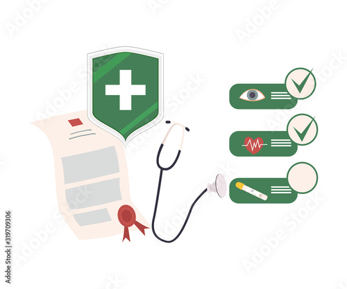 Health Insurance Attributes and Check List Vector Illustration