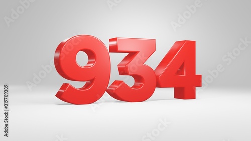 Number 934 in red on white background, isolated glossy number 3d render