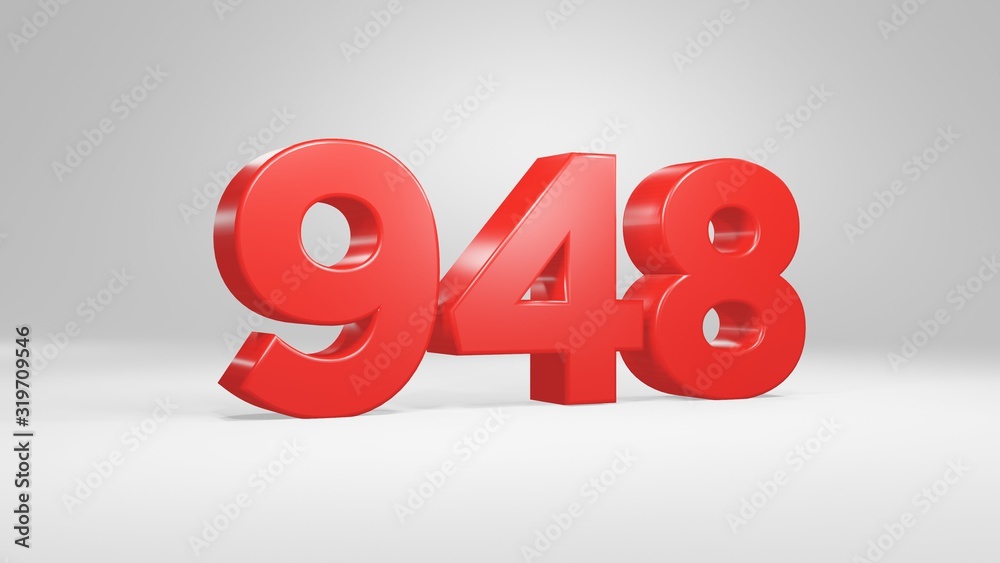 Number 948 in red on white background, isolated glossy number 3d render Number 948 in red on white background, isolated glossy number 3d render