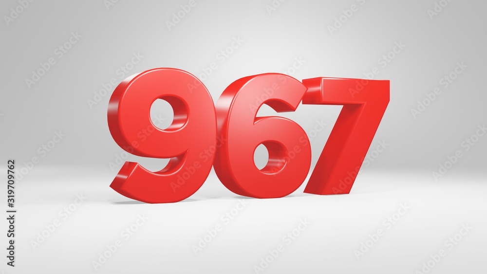 Number 967 in red on white background, isolated glossy number 3d render