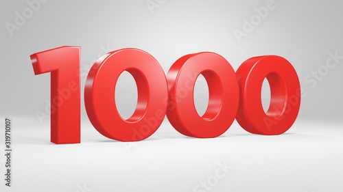 Number 1000 in red on white background, isolated glossy number 3d render