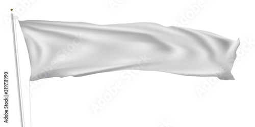 3D Long White Flag On Flagpole Waving In Wind