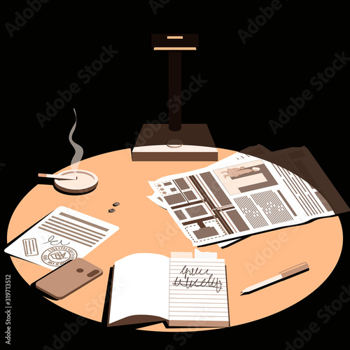 Late in the evening, a lamp falls on the desktop. Desk of a detective, investigator or night shift worker. View from above. Flat vector illustration.