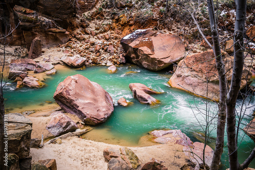 Green water of the Virgin River in Zion National Park in winter